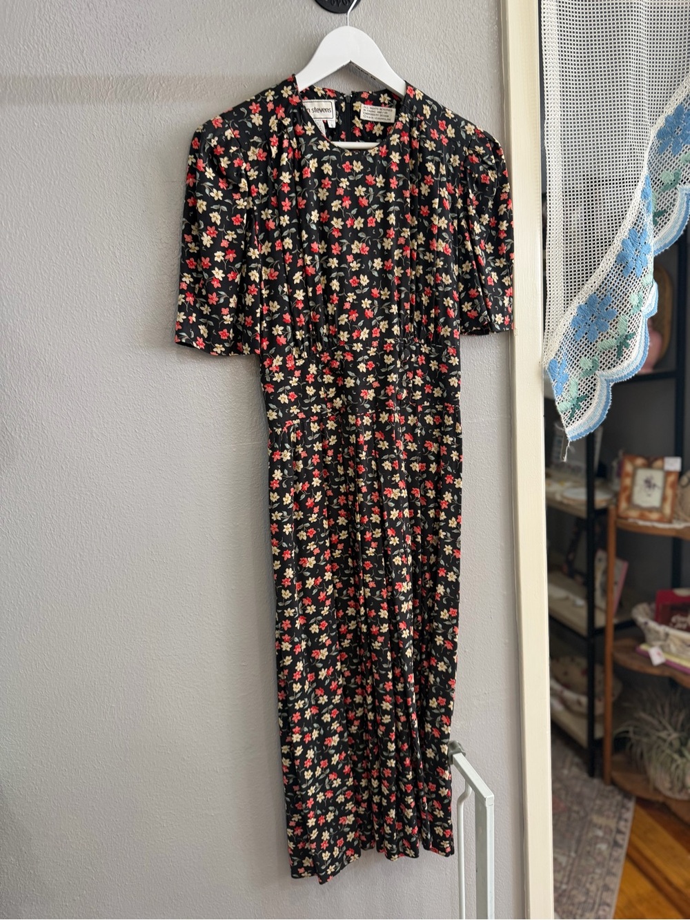 karin stevens Black Midi Dress with Red and Cream Floral Print